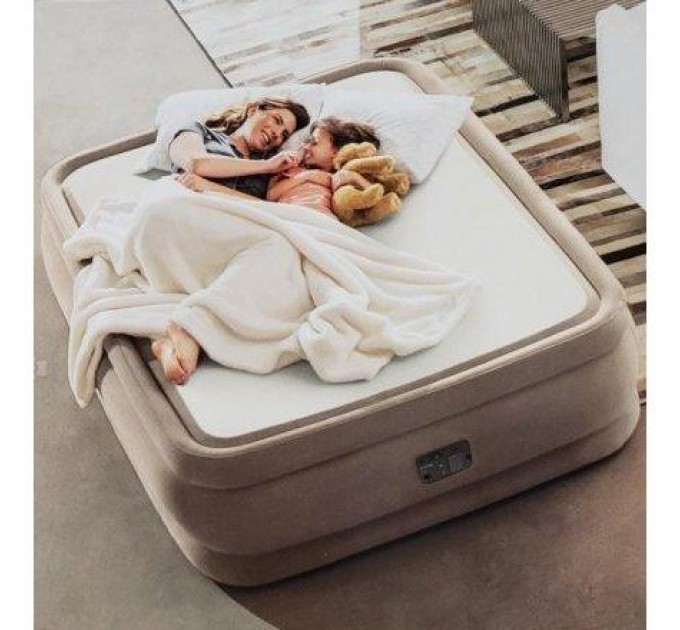 Кровать надувная суперпрочная двухспальная Intex технология Fiber-Tech™ 152х203х51+ встроенный электронасос Бонус-сумка для хранения Оригинал (int-64478)