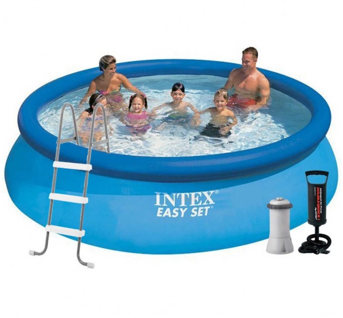 Надувной семейный бассейн Intex 366х76 см с фильтр-насосом подстилкой тентом лестницей ручным насосом (intx-28130-6)