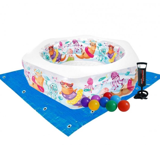Детский надувной бассейн Intex 191х178х61 см с шарики подстилкой и насосом+подарок (intx-56493-2)