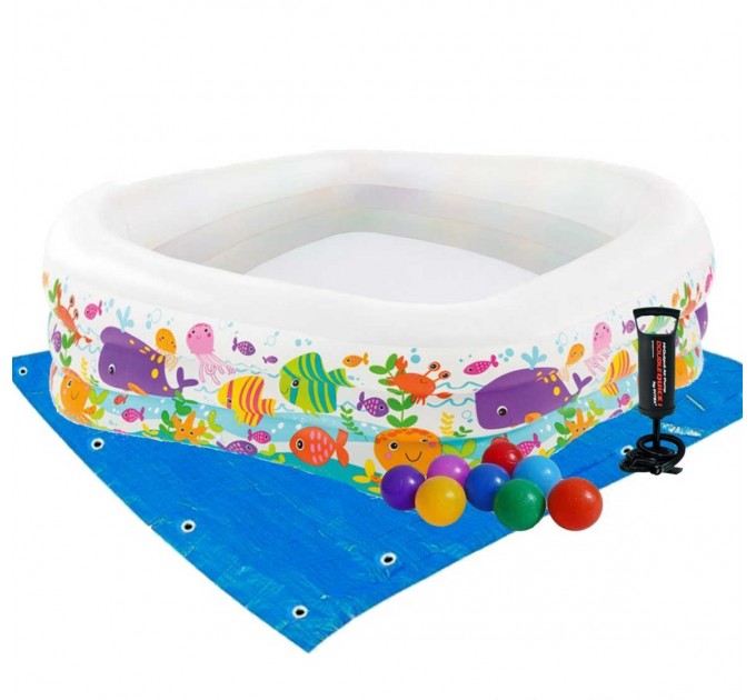 Детский надувной бассейн Intex 159х159х50 см с шариками подстилкой ручным наосом (intx-57471-2)