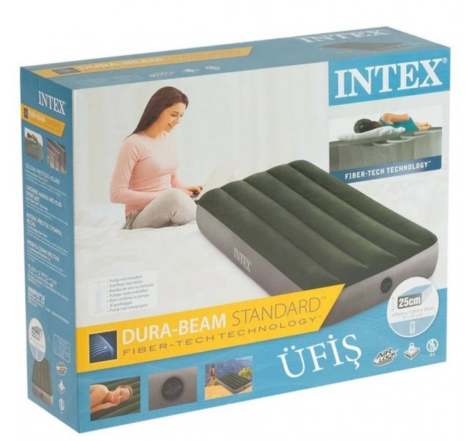 Матрас надувной одноместные Intex 76x191x25 см зеленый с наматрасником подушкой насосом