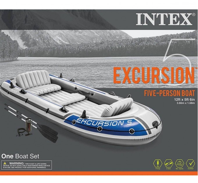 Пятиместная моторно-гребная надувная лодка Intex Excursion 5 Set 366х168х43 см с веслами и насосом Оригинал (intx-68325)