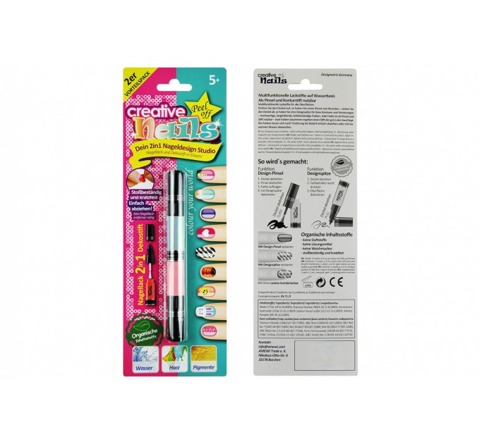 Лак-карандаш для ногтей детский Creative Nails на водной основе (2 цвета бирюзовый + розовый) (dd-MA-303002)