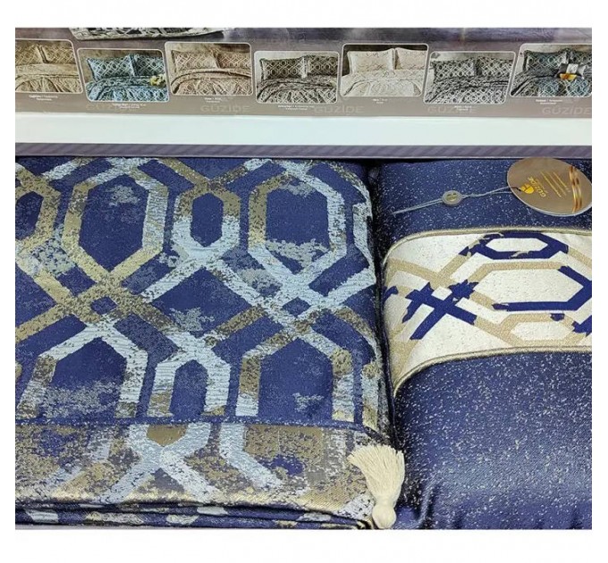 Винтажное жаккардовое покрывало с наволочками GUZIDE ANITA LACIVERT BLUE 260х260см синий и декоративной подушкой