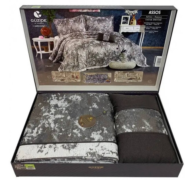 Винтажное жаккардовое покрывало с наволочками GUZIDE ASSOS ANTRACITE GREY 260х260см серый и декоративной подушкой