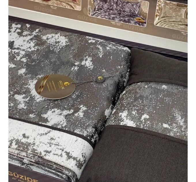 Винтажное жаккардовое покрывало с наволочками GUZIDE ASSOS ANTRACITE GREY 260х260см серый и декоративной подушкой