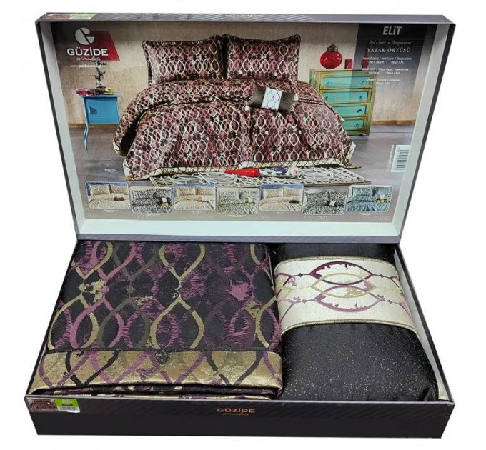 Винтажное жаккардовое покрывало с наволочками GUZIDE ELIT MURDUM 260х260см фиолетовый и декоративной подушкой