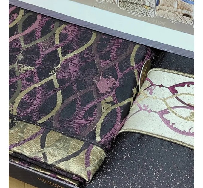 Винтажное жаккардовое покрывало с наволочками GUZIDE ELIT MURDUM 260х260см фиолетовый и декоративной подушкой
