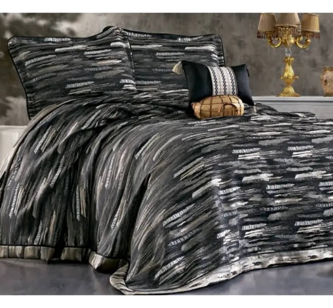 Винтажное жаккардовое покрывало с наволочками GUZIDE TREND BLACK 260х260см черный и декоративной подушкой