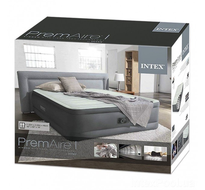 Кровать надувная суперпрочная двухспальная Intex технология Fiber-Tech™ 152х203х46 встроенный электронасос Бонус-сумка для хранения и две надувные подушки
