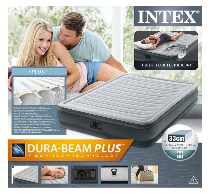 Надувная суперпрочная двухспальная кровать Intex технология Fiber-Tech™ 152х203х32 см + встроенный электронасос и сумка с ручками Оригинал (intx-67770)