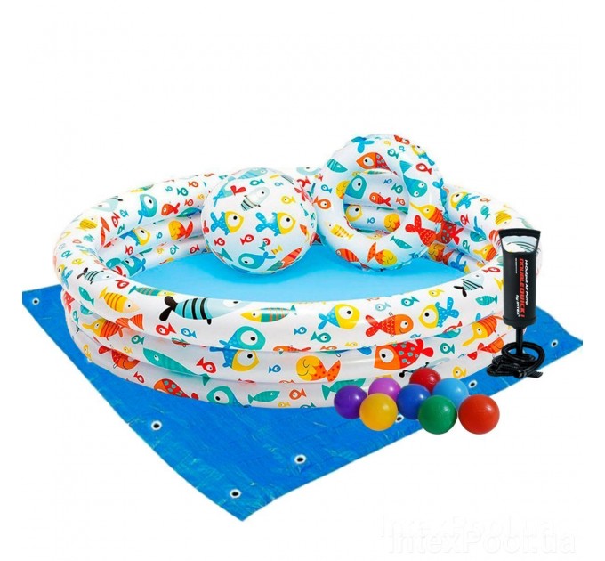 Детский надувной бассейн Intex «Аквариум» 132х28 см с мячом и кругом, с шариками 10 шт + насос и подстилка (int-59469-2)