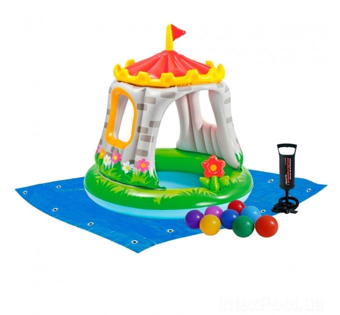 Детский надувной бассейн Intex «Королевский замок» из высококачественного винила с навесом + 10 шариков, подстилка и насос 122х122 см (int-57122-2)